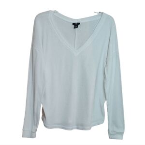 White Ribbed Long Sleeve V Neck Shirt Tail Hem Top Size Large